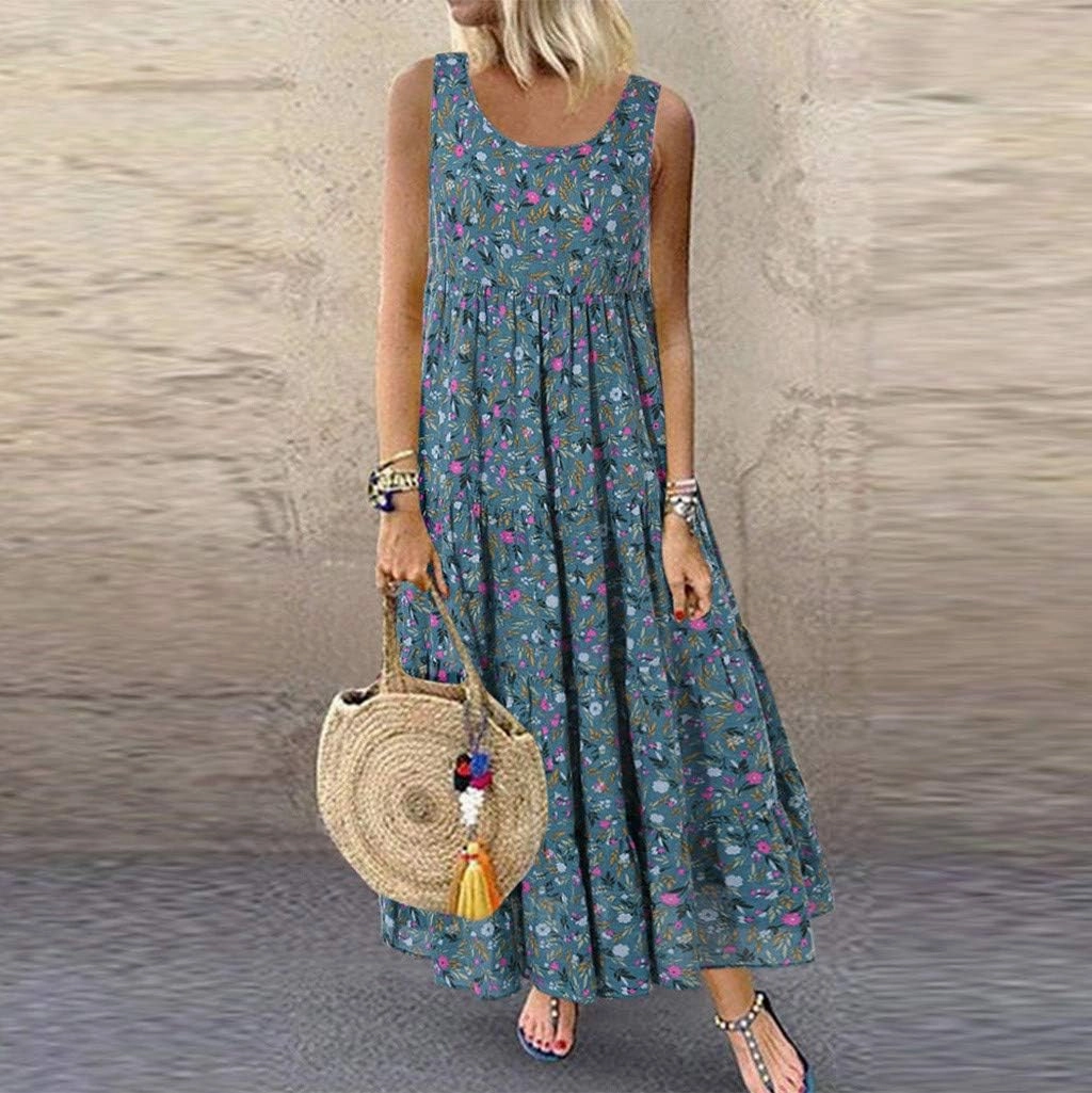 Women Summer Dresses Plus Size Maxi A-Line Floral Dresses Round Neck Cotton Linen Sleeveless Dress Casual Sundresses 2025