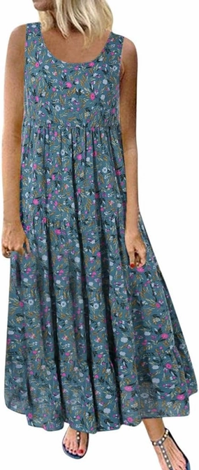 Women Summer Dresses Plus Size Maxi A-Line Floral Dresses Round Neck Cotton Linen Sleeveless Dress Casual Sundresses 2025