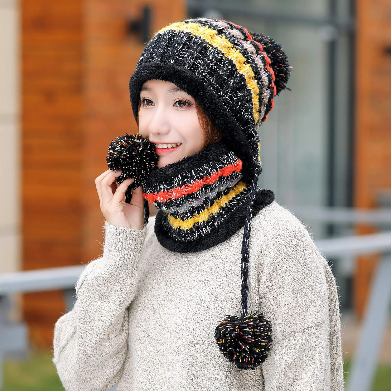 Women Winter Beanie Hat Circle Scarf Set Pompoms Peruvian Ski Snow Ear Flaps Sherpa Knit Hats Fleece Lined,S to M Size Head
