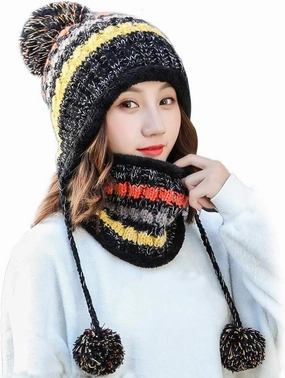 Women Winter Beanie Hat Circle Scarf Set Pompoms Peruvian Ski Snow Ear Flaps Sherpa Knit Hats Fleece Lined,S to M Size Head