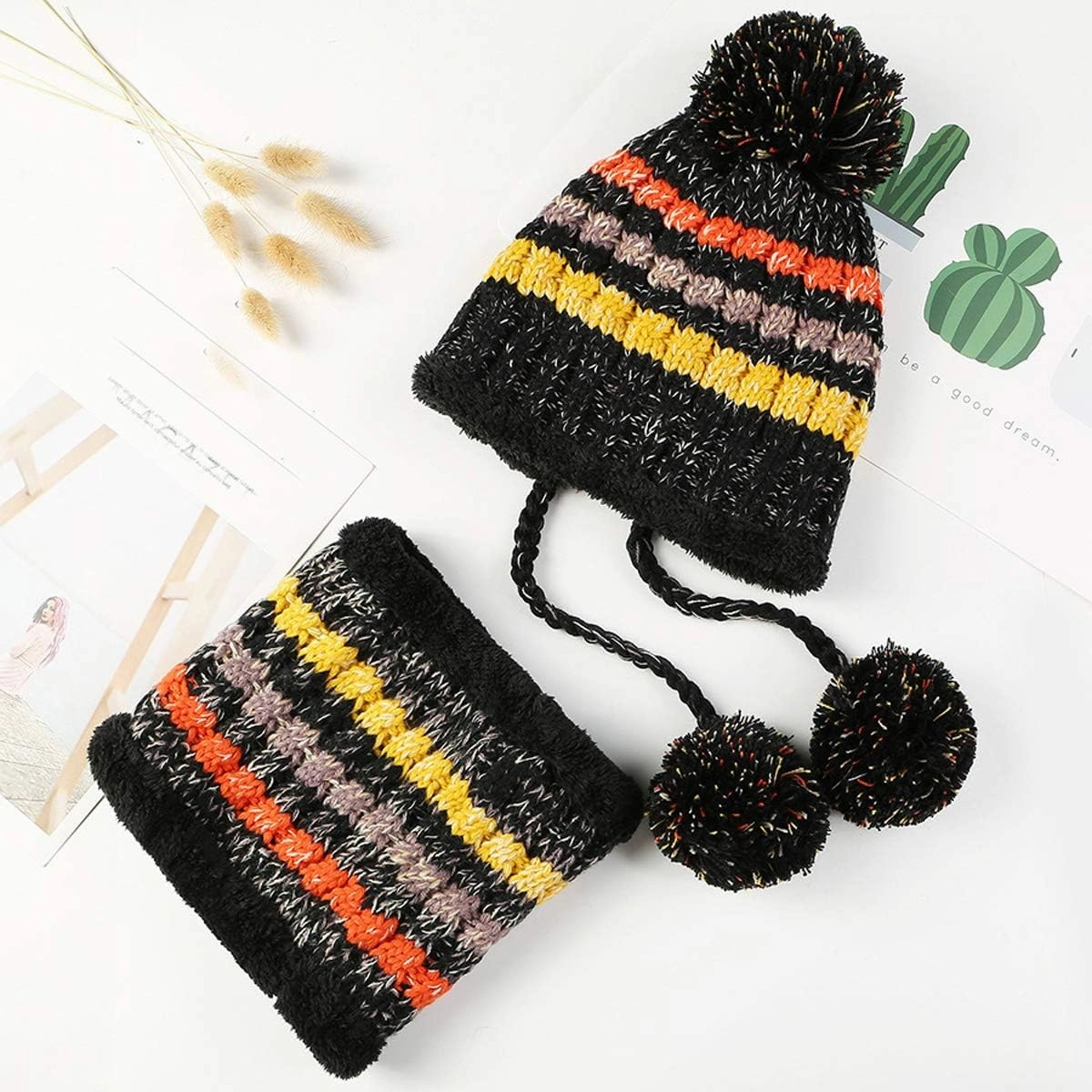 Women Winter Beanie Hat Circle Scarf Set Pompoms Peruvian Ski Snow Ear Flaps Sherpa Knit Hats Fleece Lined,S to M Size Head