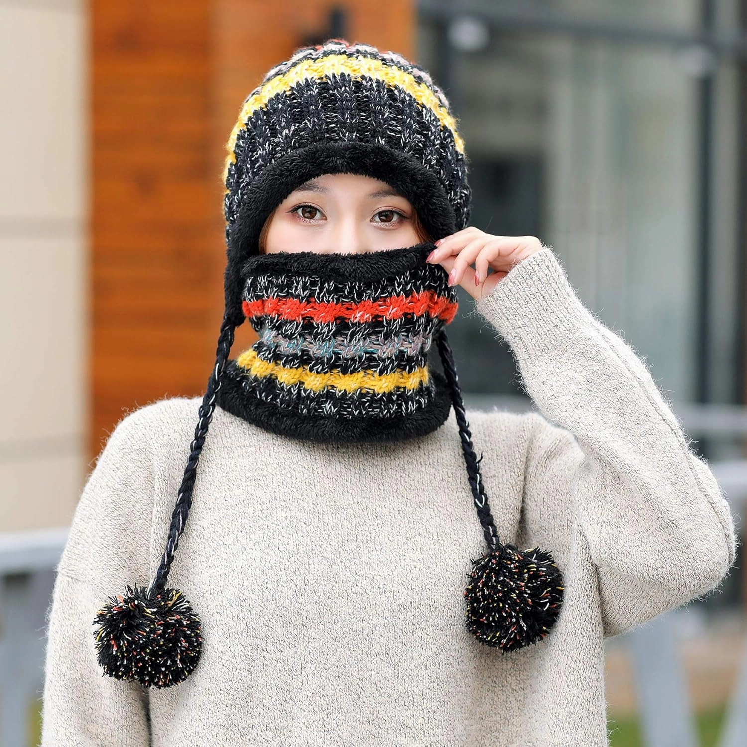 Women Winter Beanie Hat Circle Scarf Set Pompoms Peruvian Ski Snow Ear Flaps Sherpa Knit Hats Fleece Lined,S to M Size Head