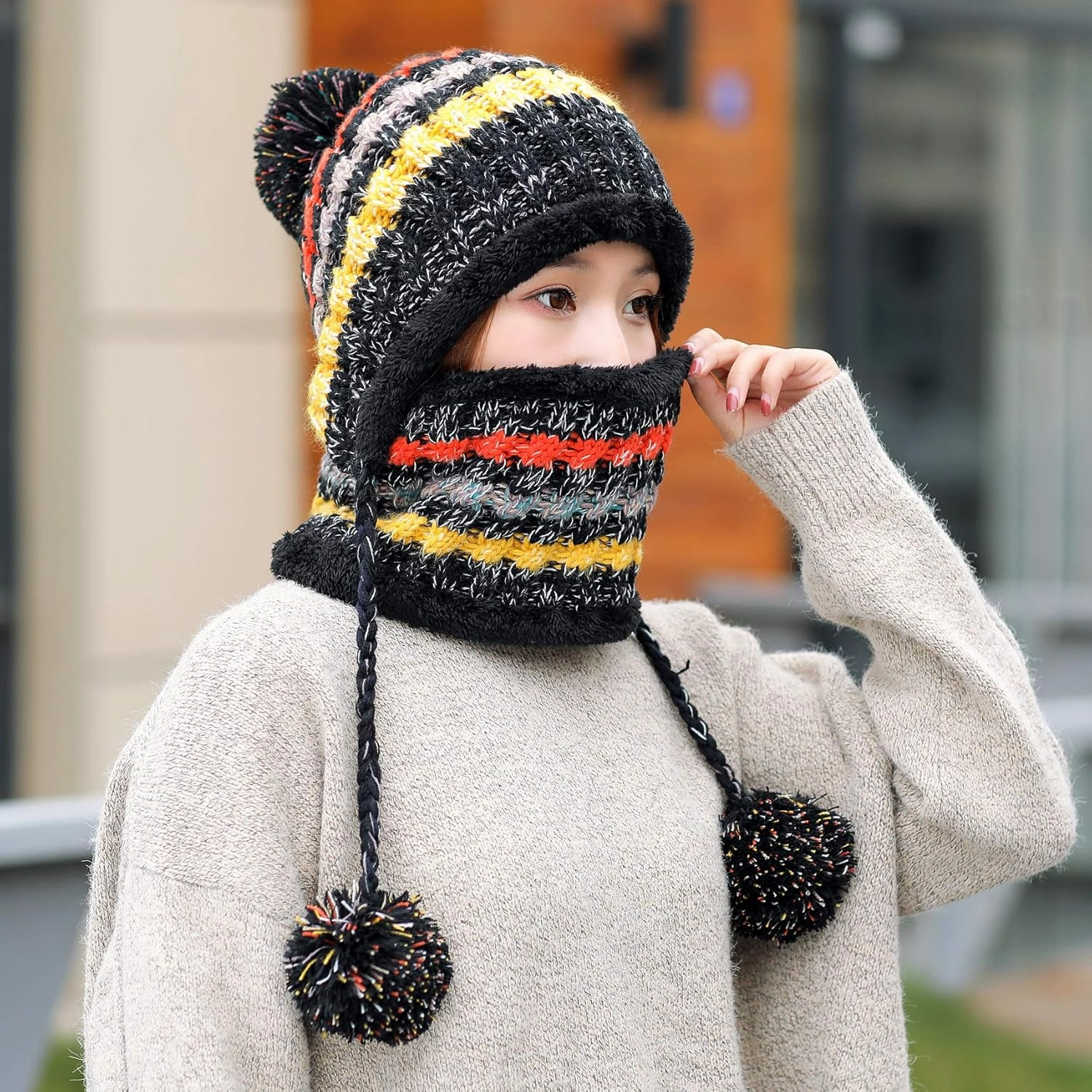 Women Winter Beanie Hat Circle Scarf Set Pompoms Peruvian Ski Snow Ear Flaps Sherpa Knit Hats Fleece Lined,S to M Size Head