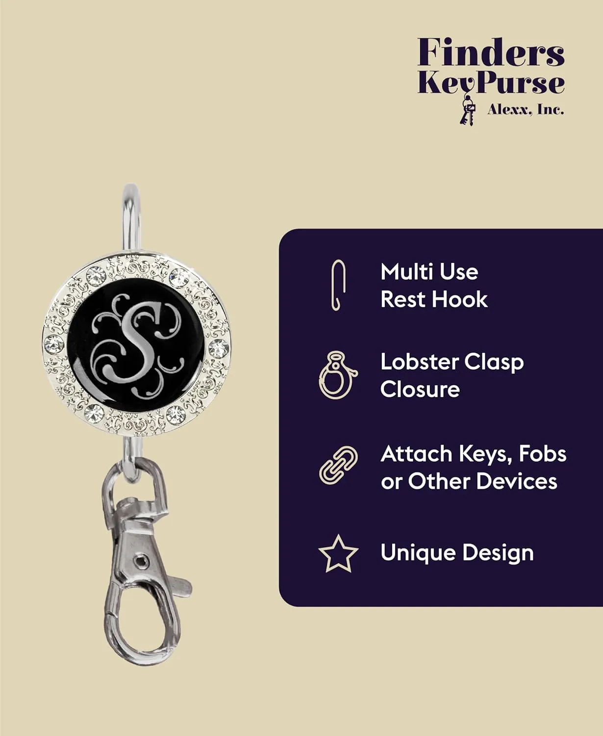 Women’s Bag Charm Key Finder, Car Keychain Hook, Cute Purse Organizer & Tote Bag Accessories, Gifts for Mom - Monogram Letter