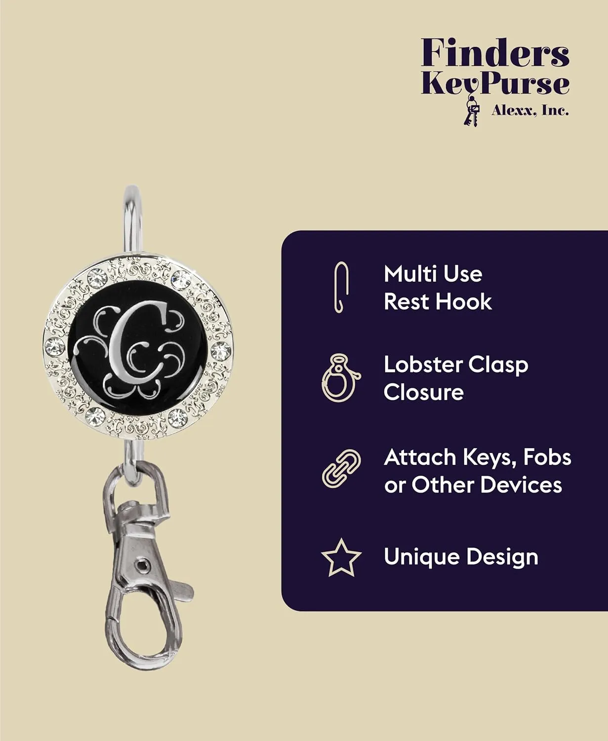 Women’s Bag Charm Key Finder, Car Keychain Hook, Cute Purse Organizer & Tote Bag Accessories, Gifts for Mom - Monogram Letter