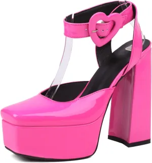 Women's Cute Heart Platform Heels Pumps Block Heel Flatform Shoes Ankle Strap Buckles Dress Pumps