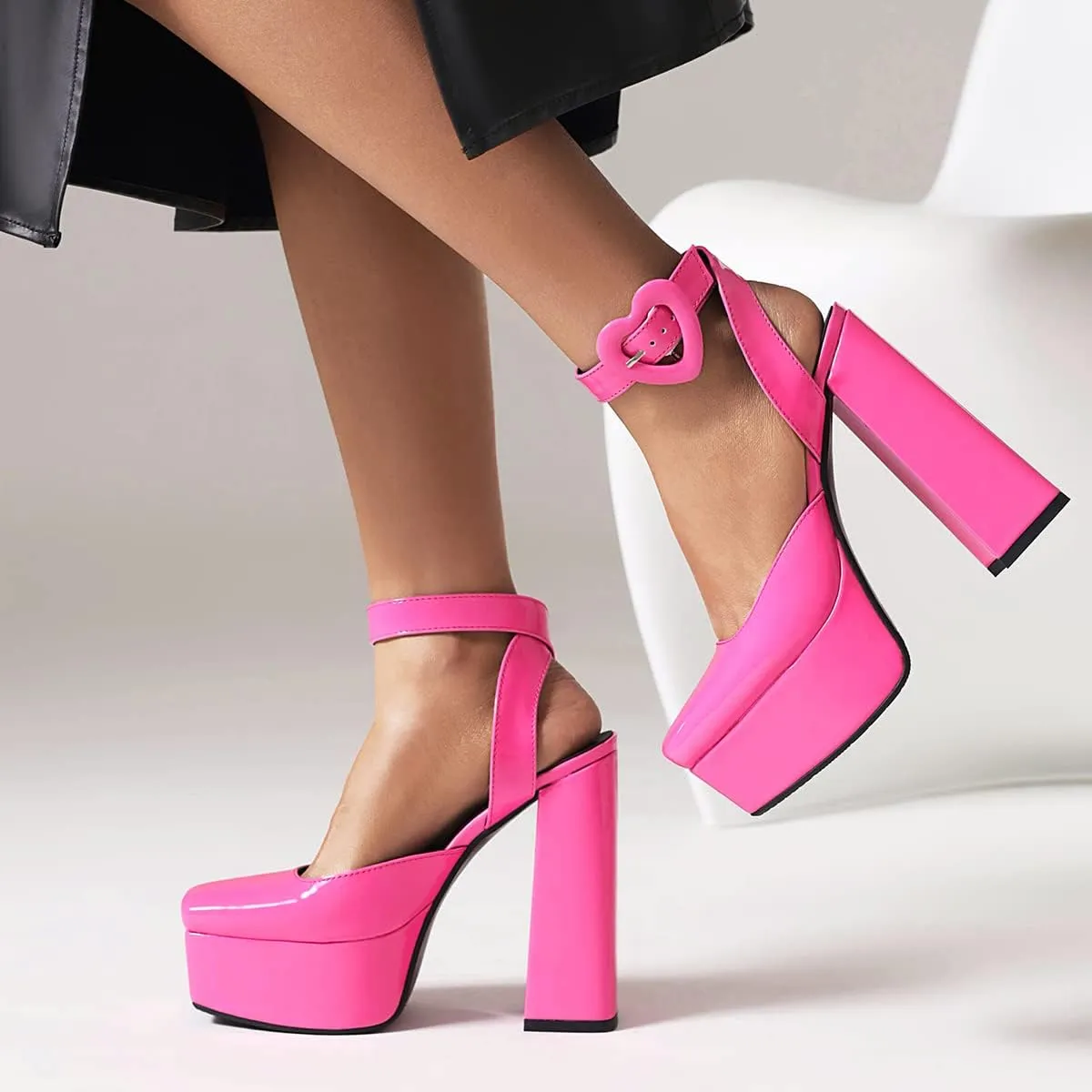 Women's Cute Heart Platform Heels Pumps Block Heel Flatform Shoes Ankle Strap Buckles Dress Pumps