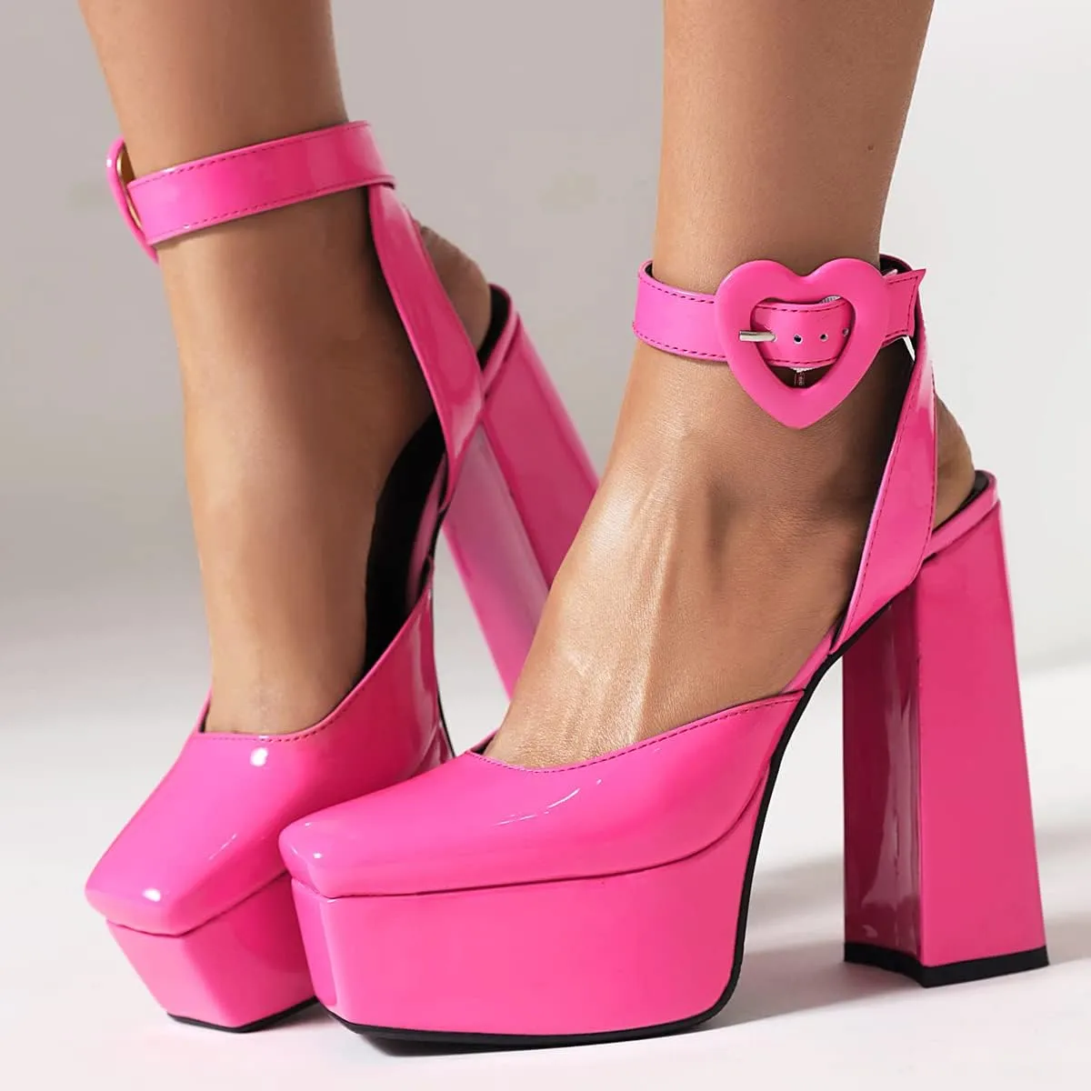Women's Cute Heart Platform Heels Pumps Block Heel Flatform Shoes Ankle Strap Buckles Dress Pumps