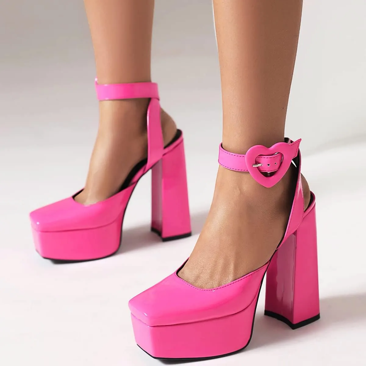 Women's Cute Heart Platform Heels Pumps Block Heel Flatform Shoes Ankle Strap Buckles Dress Pumps