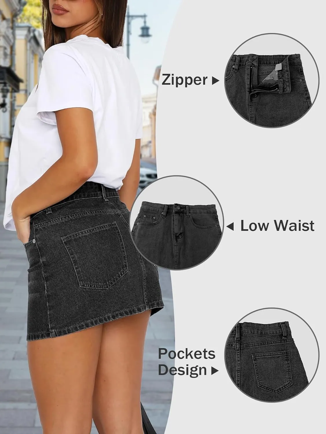 Womens Denim Skirt Casual Mini Jean Skirt Stretch Low Waist Jean Skirt for Women Zip Fly Denim Mini Skirts