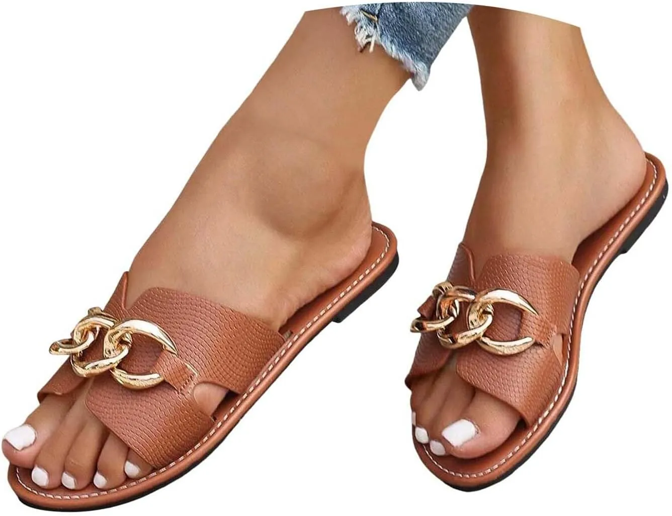 Women's Fashion Slide Sandal Womens Flat Sandals Comfortable Flip Flops Slide Sandals Summer Beach Shoes With Metal