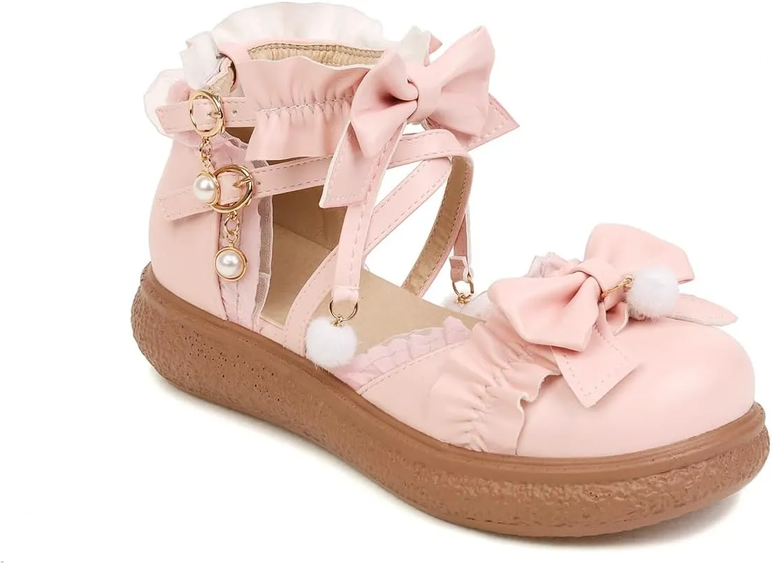 Women's Kawaii Low Wedge Heel Mary Jane Platform Lolita Shoes, Cute Round Toe Ankle Strap Buckle Mary Jane Flats, Sweet Dress Uniform Cosplay School Shoes with Bow