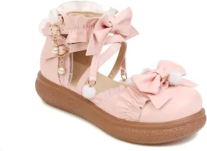 Women's Kawaii Low Wedge Heel Mary Jane Platform Lolita Shoes, Cute Round Toe Ankle Strap Buckle Mary Jane Flats, Sweet Dress Uniform Cosplay School Shoes with Bow