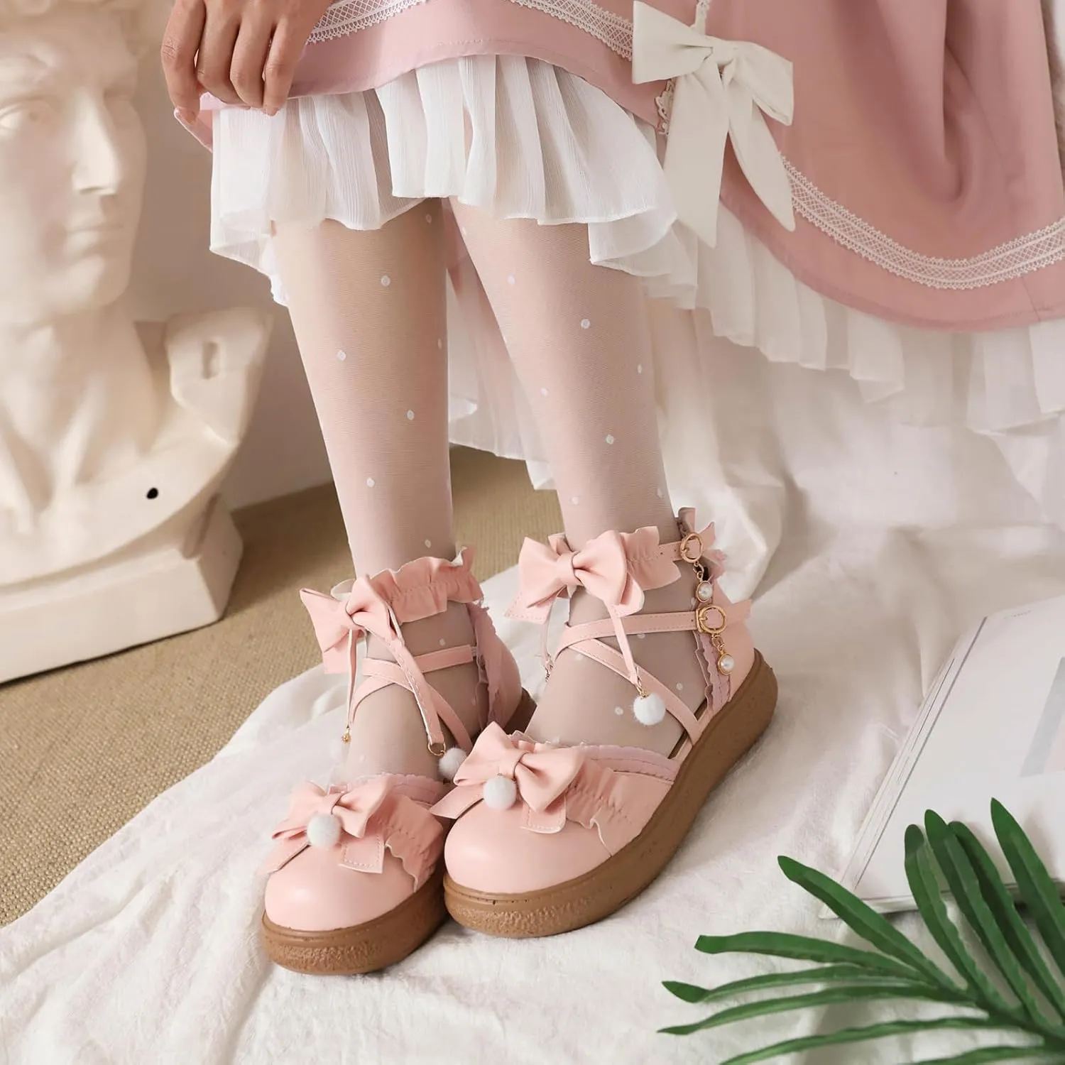 Women's Kawaii Low Wedge Heel Mary Jane Platform Lolita Shoes, Cute Round Toe Ankle Strap Buckle Mary Jane Flats, Sweet Dress Uniform Cosplay School Shoes with Bow