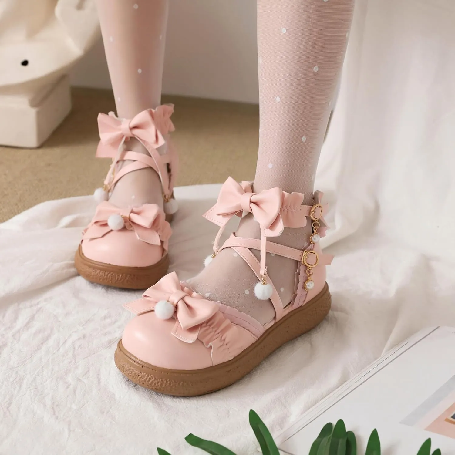 Women's Kawaii Low Wedge Heel Mary Jane Platform Lolita Shoes, Cute Round Toe Ankle Strap Buckle Mary Jane Flats, Sweet Dress Uniform Cosplay School Shoes with Bow