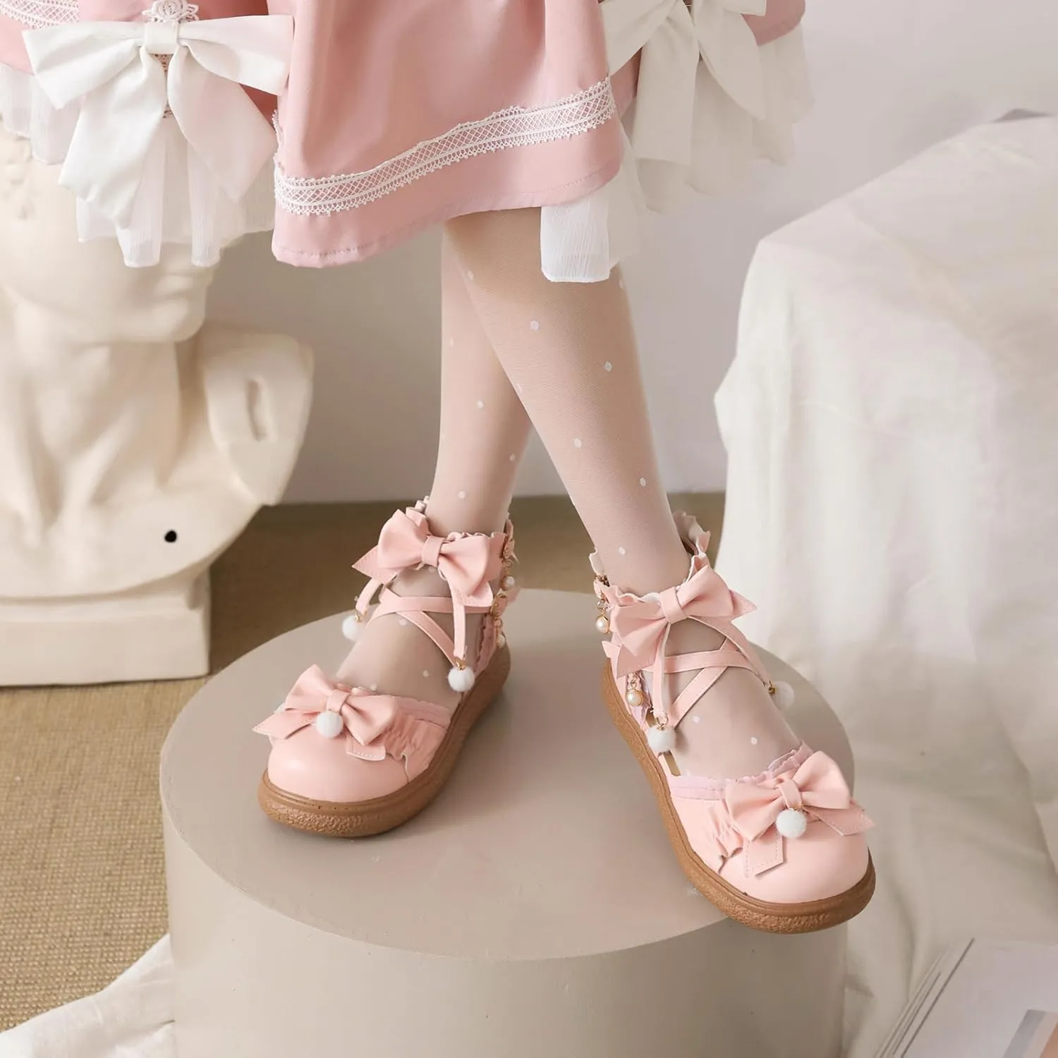 Women's Kawaii Low Wedge Heel Mary Jane Platform Lolita Shoes, Cute Round Toe Ankle Strap Buckle Mary Jane Flats, Sweet Dress Uniform Cosplay School Shoes with Bow