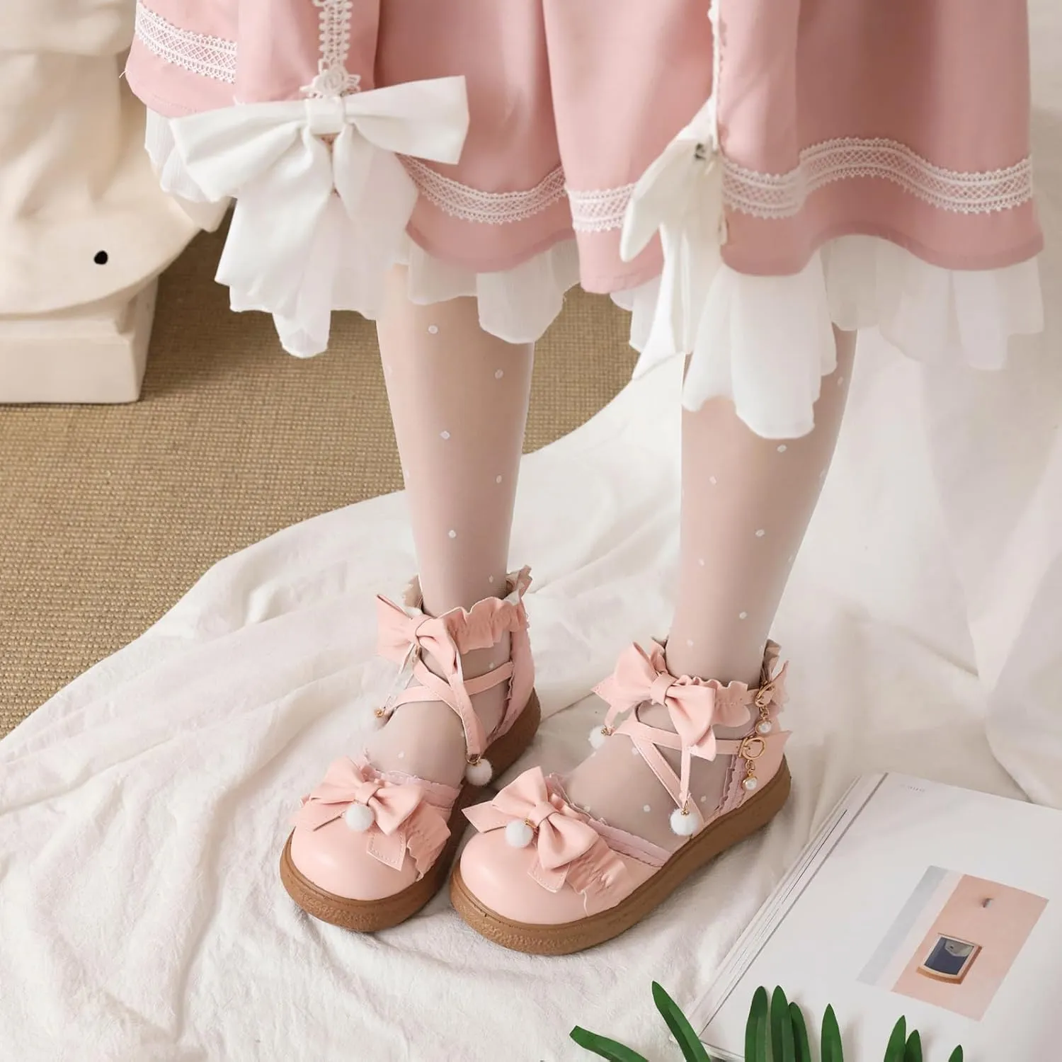 Women's Kawaii Low Wedge Heel Mary Jane Platform Lolita Shoes, Cute Round Toe Ankle Strap Buckle Mary Jane Flats, Sweet Dress Uniform Cosplay School Shoes with Bow