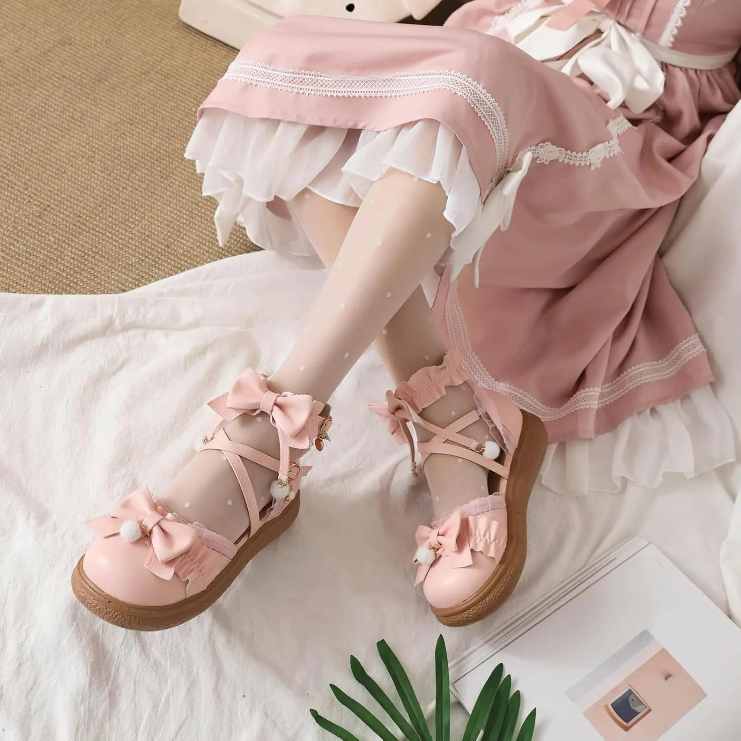 Women's Kawaii Low Wedge Heel Mary Jane Platform Lolita Shoes, Cute Round Toe Ankle Strap Buckle Mary Jane Flats, Sweet Dress Uniform Cosplay School Shoes with Bow