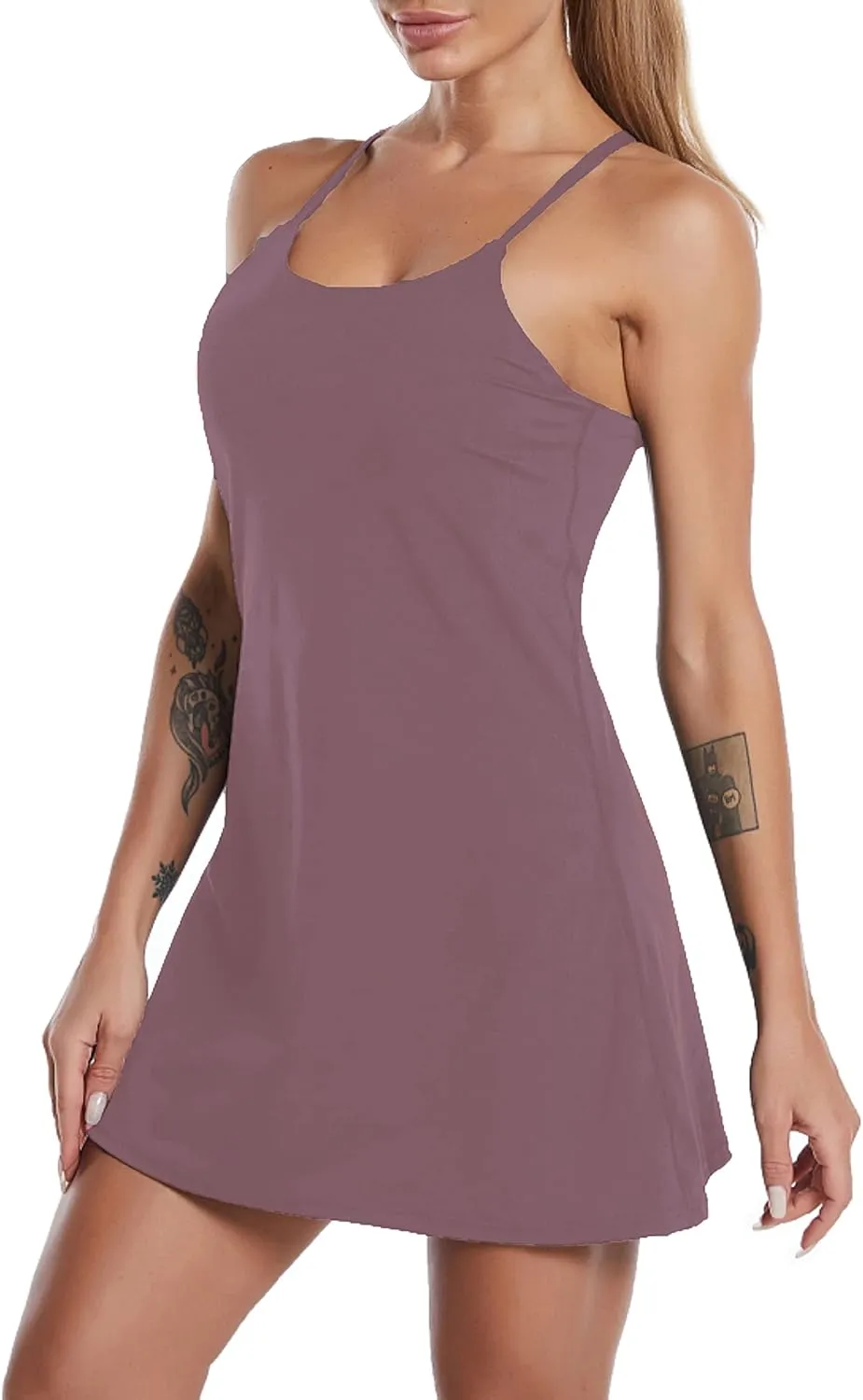 Women's Sleeveless Exercise Tennis Dress with Built-in Bra & Shorts Golf Workout Athletic Dresses Pockets