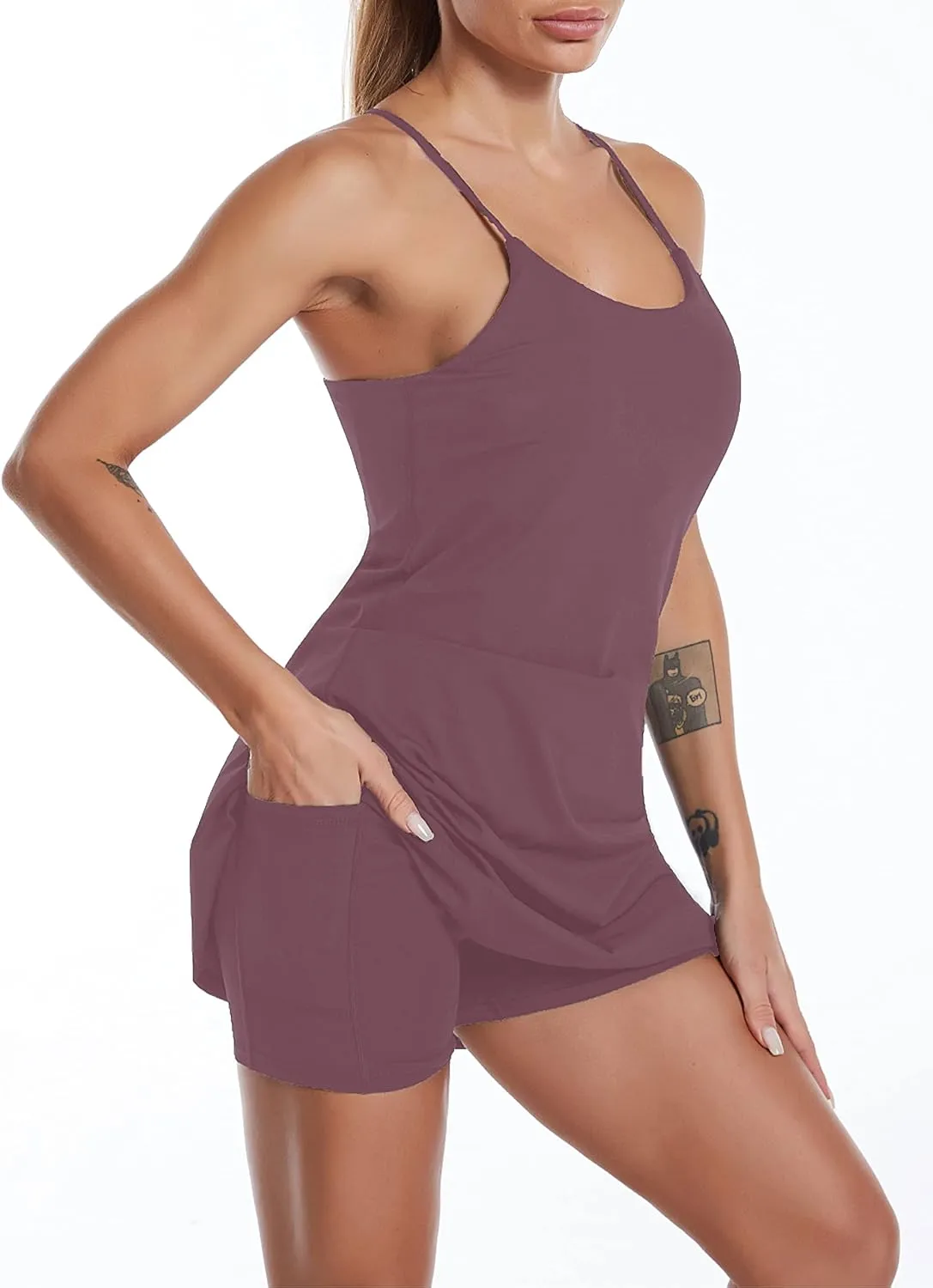 Women's Sleeveless Exercise Tennis Dress with Built-in Bra & Shorts Golf Workout Athletic Dresses Pockets