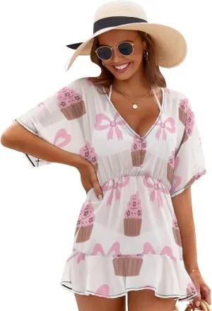 Women's Swimsuit Coverup Casual Rugby Ball with Star V Neck Beach Dress Swimwear Cover Ups