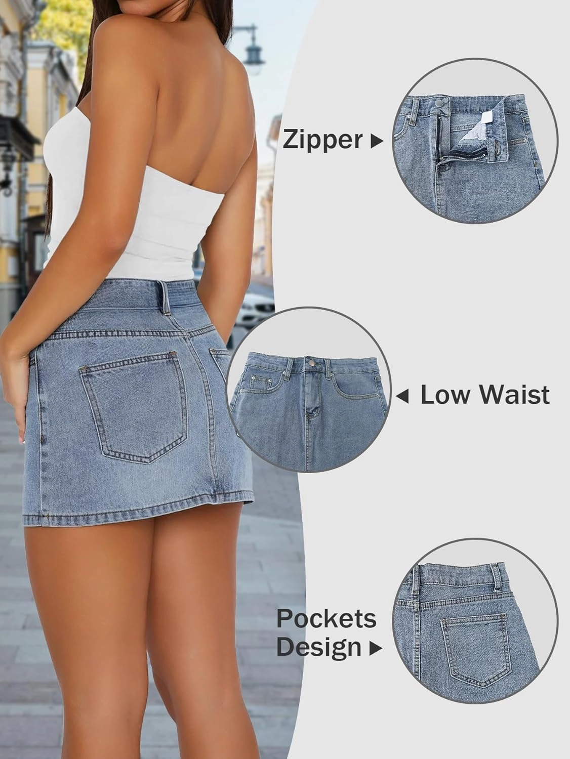 Womens Denim Skirt Casual Mini Jean Skirt Stretch Low Waist Jean Skirt for Women Zip Fly Denim Mini Skirts