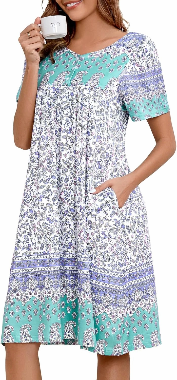 Womens Nightgown Short Sleeve House Dress with Pockets-Floral Print Mumu Dress S-3XL