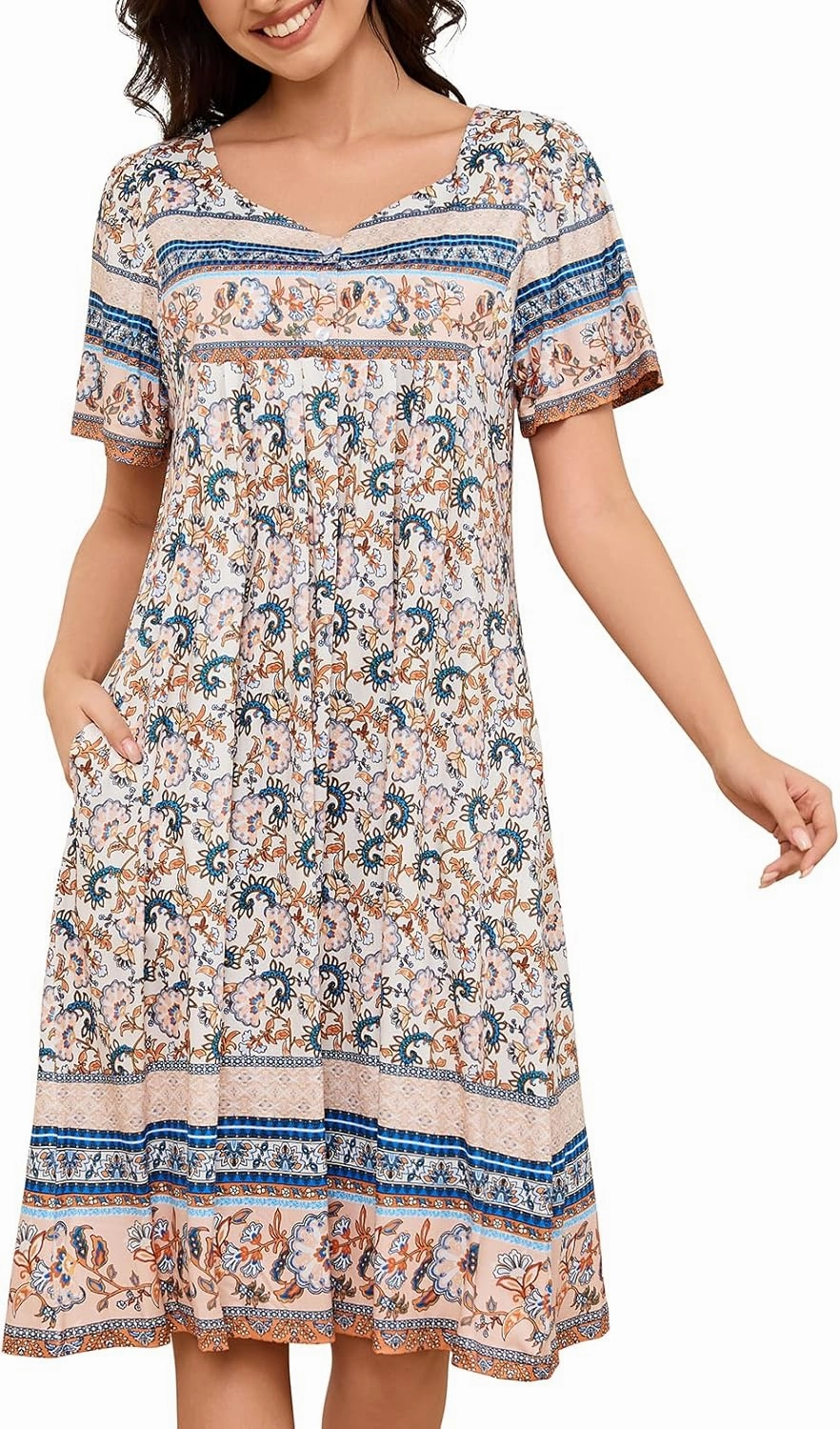 Womens Nightgown Short Sleeve House Dress with Pockets-Floral Print Mumu Dress S-3XL