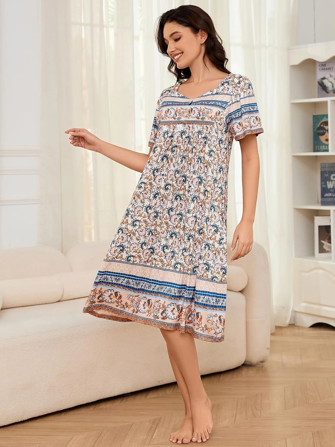 Womens Nightgown Short Sleeve House Dress with Pockets-Floral Print Mumu Dress S-3XL