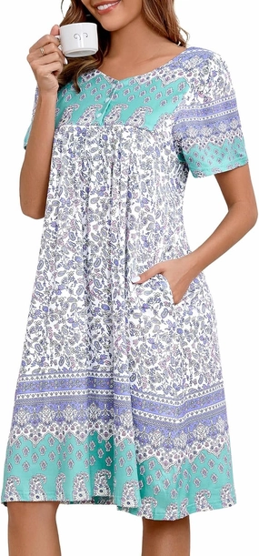 Womens Nightgown Short Sleeve House Dress with Pockets-Floral Print Mumu Dress S-3XL