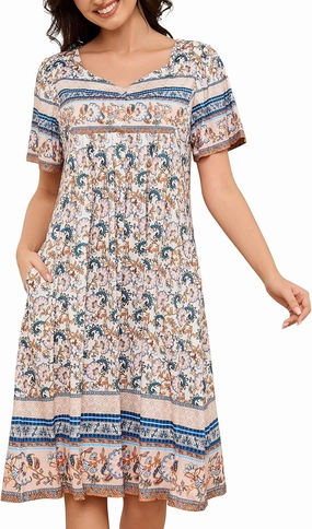 Womens Nightgown Short Sleeve House Dress with Pockets-Floral Print Mumu Dress S-3XL