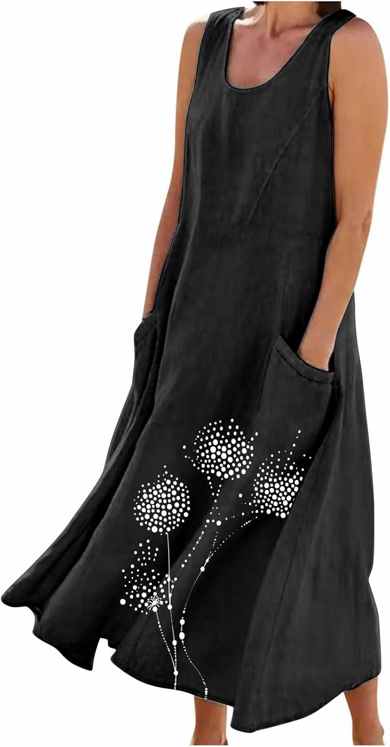 Womens Summer Linen Dresses Casual Floral Dresses Loose Fit Maxi Dresses Trendy Summer Beach Clothes with Pocket