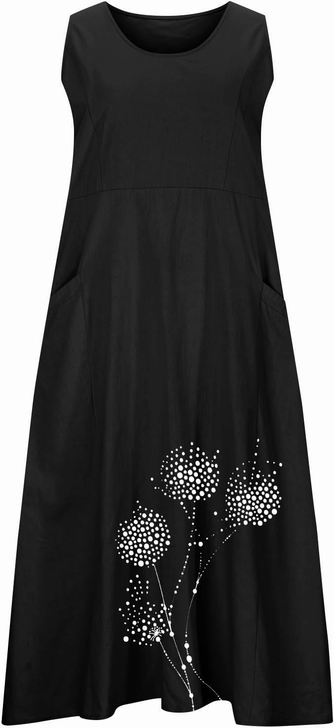 Womens Summer Linen Dresses Casual Floral Dresses Loose Fit Maxi Dresses Trendy Summer Beach Clothes with Pocket