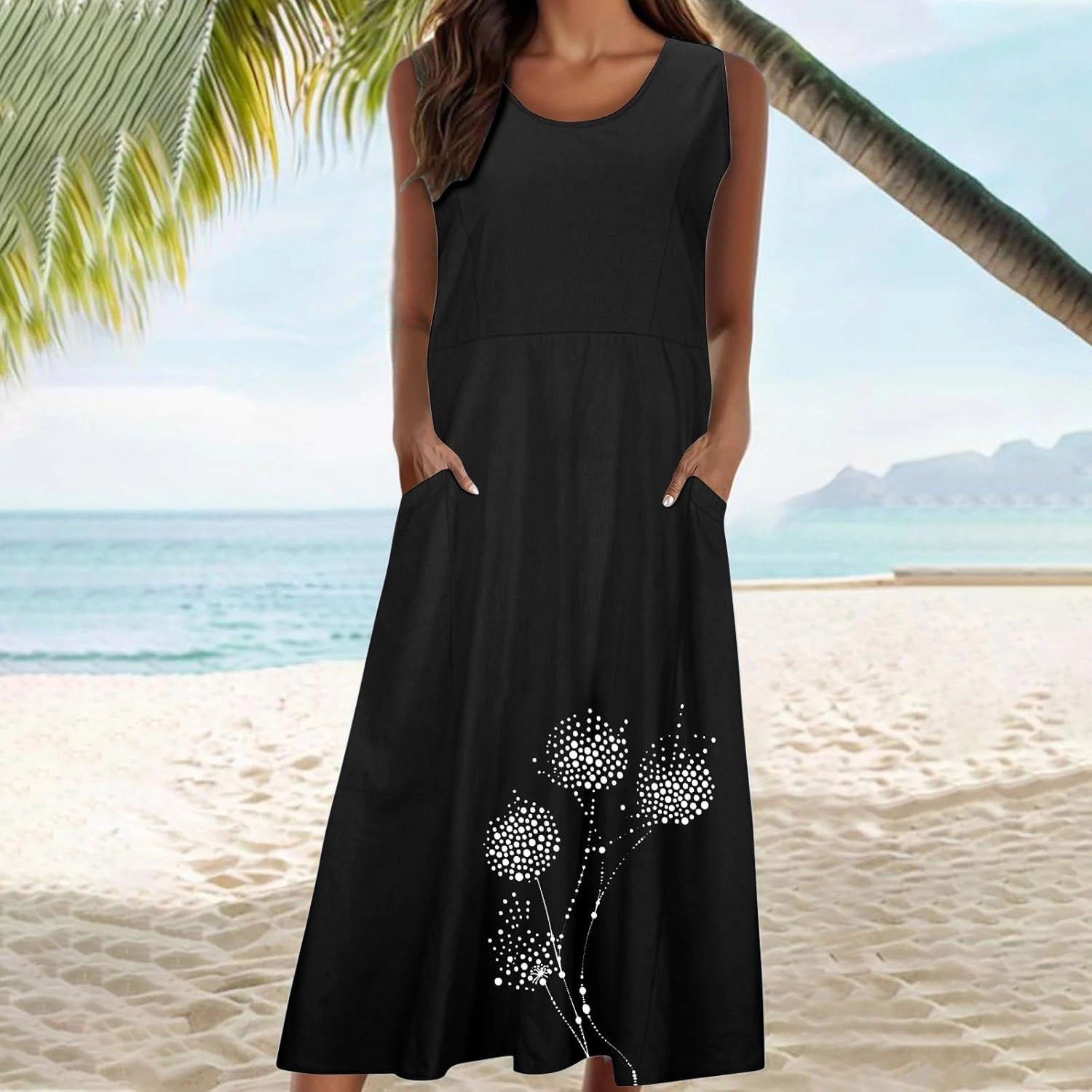 Womens Summer Linen Dresses Casual Floral Dresses Loose Fit Maxi Dresses Trendy Summer Beach Clothes with Pocket