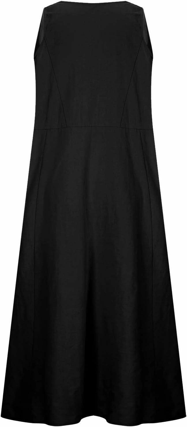 Womens Summer Linen Dresses Casual Floral Dresses Loose Fit Maxi Dresses Trendy Summer Beach Clothes with Pocket