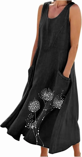 Womens Summer Linen Dresses Casual Floral Dresses Loose Fit Maxi Dresses Trendy Summer Beach Clothes with Pocket