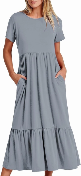 Womens Summer Short Sleeve Crewneck Shirt Dress Casual Flowy Tiered Maxi Beach Sundress with Pockets Elegant Long Dresses