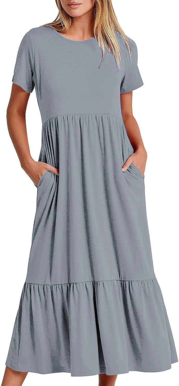Womens Summer Short Sleeve Crewneck Shirt Dress Casual Flowy Tiered Maxi Beach Sundress with Pockets Elegant Long Dresses