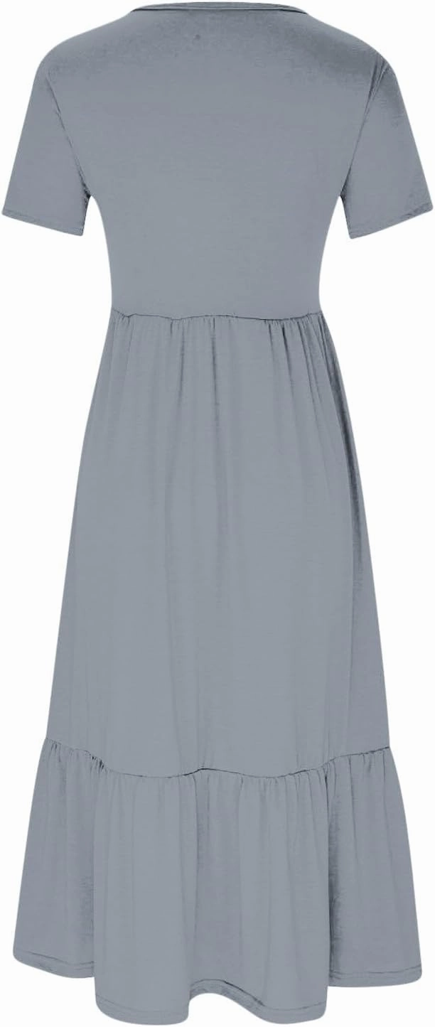 Womens Summer Short Sleeve Crewneck Shirt Dress Casual Flowy Tiered Maxi Beach Sundress with Pockets Elegant Long Dresses
