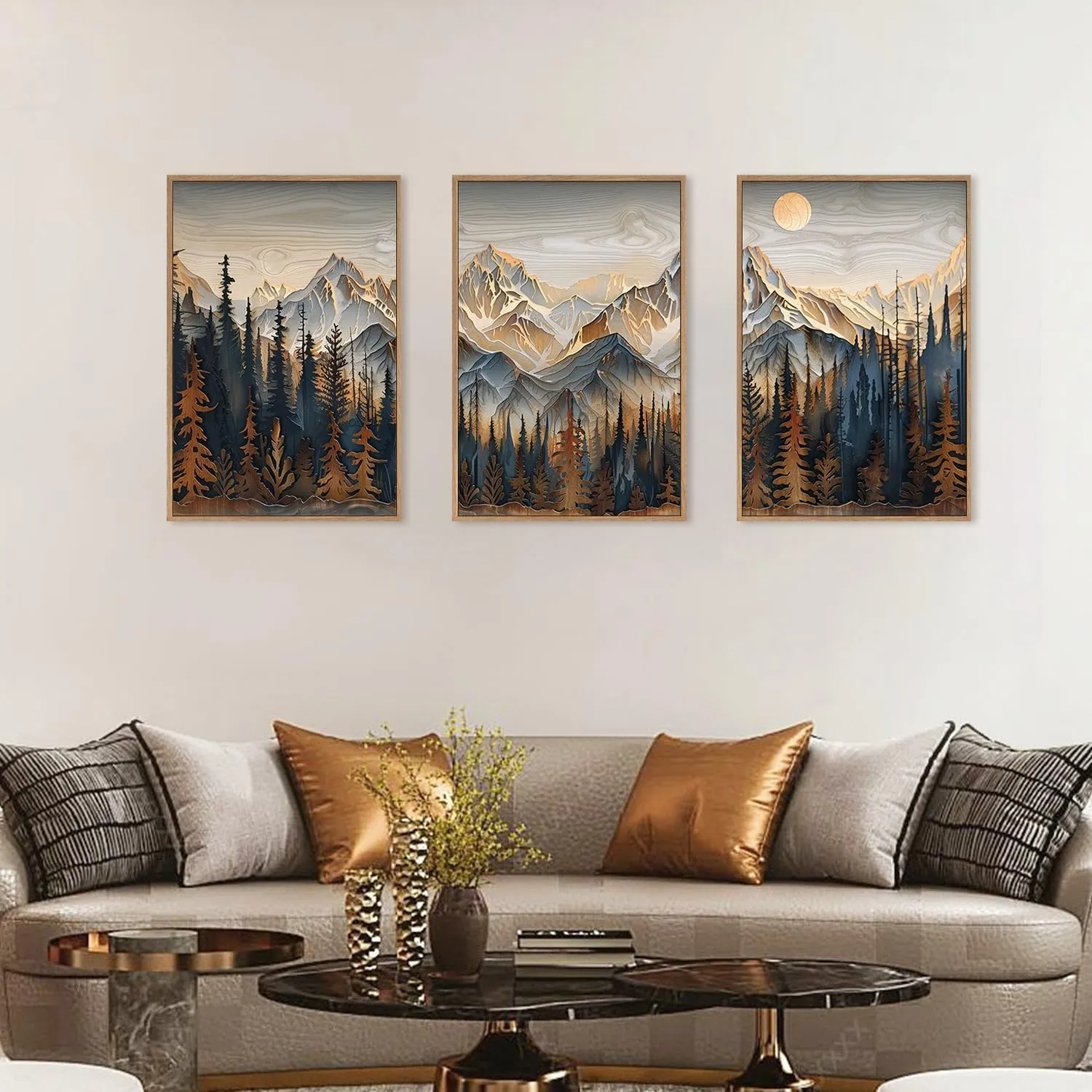 Wood Mountain Framed Canvas Wall Art Set, Pine Trees Wall Painting, Ridge Scenery Wall Decor, Natural Sun Landscape Art Print for Living Room, Bedroom, Dining Room, Office - 16"x24"x3