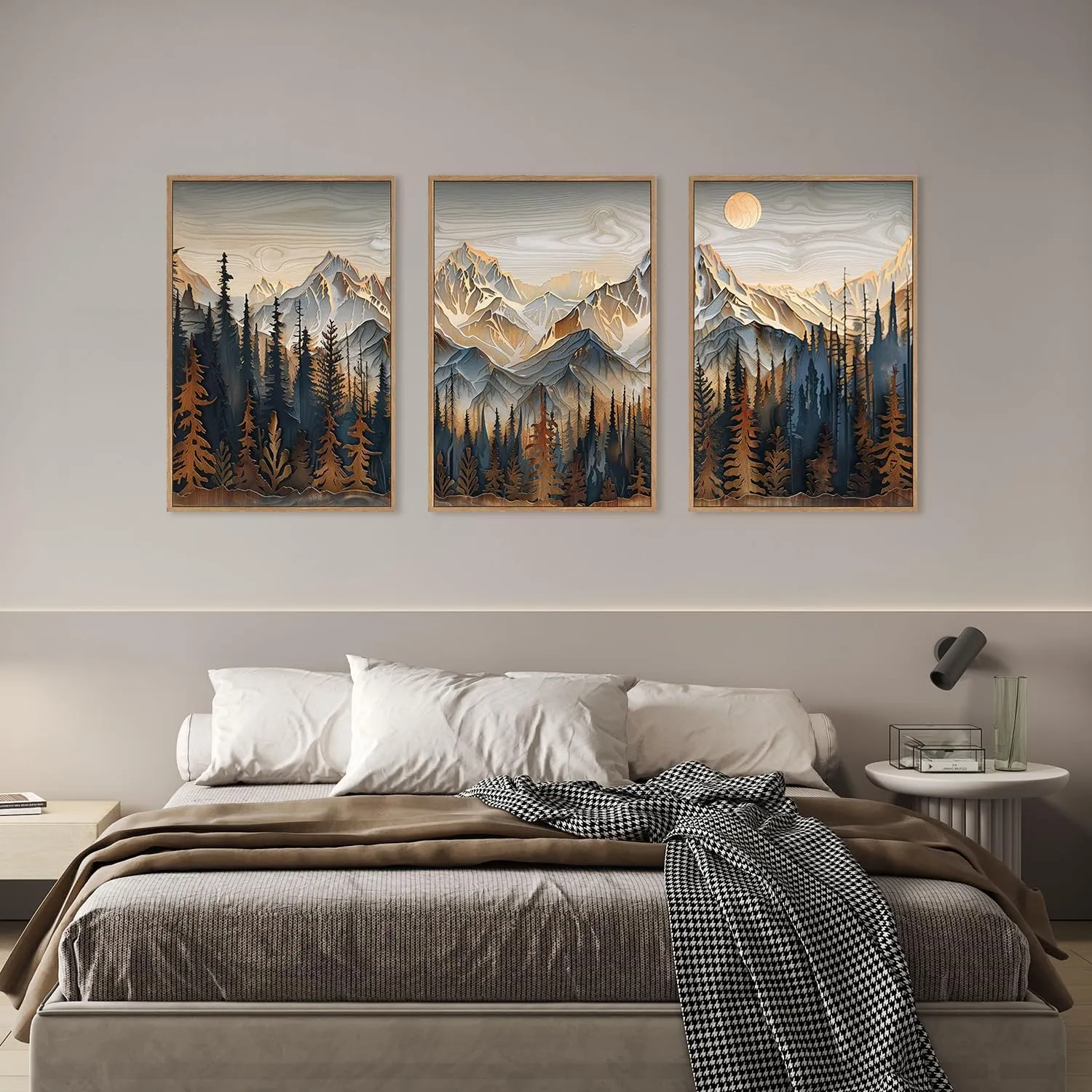 Wood Mountain Framed Canvas Wall Art Set, Pine Trees Wall Painting, Ridge Scenery Wall Decor, Natural Sun Landscape Art Print for Living Room, Bedroom, Dining Room, Office - 16"x24"x3