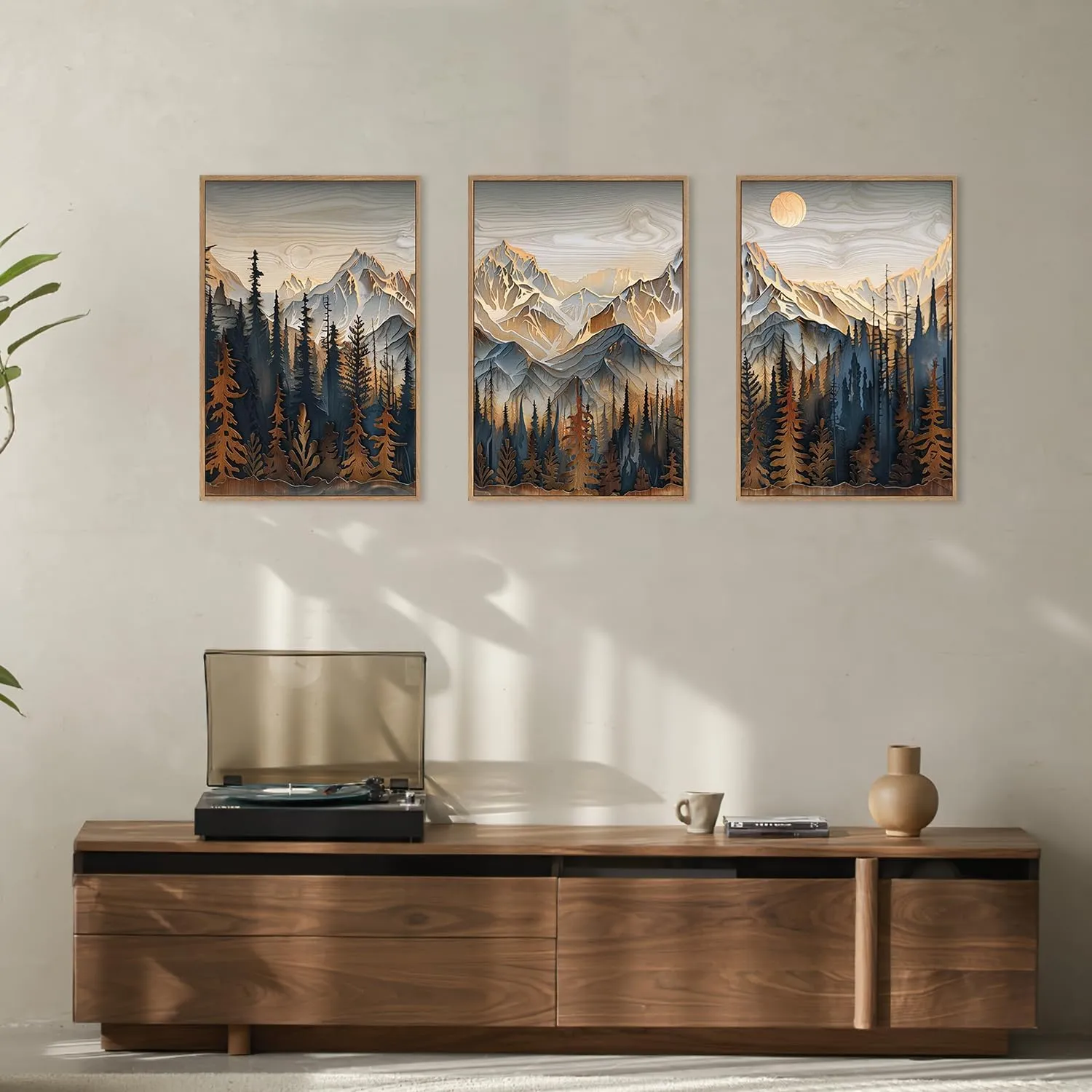 Wood Mountain Framed Canvas Wall Art Set, Pine Trees Wall Painting, Ridge Scenery Wall Decor, Natural Sun Landscape Art Print for Living Room, Bedroom, Dining Room, Office - 16"x24"x3