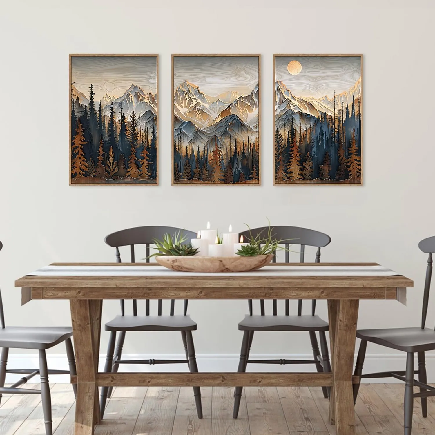 Wood Mountain Framed Canvas Wall Art Set, Pine Trees Wall Painting, Ridge Scenery Wall Decor, Natural Sun Landscape Art Print for Living Room, Bedroom, Dining Room, Office - 16"x24"x3