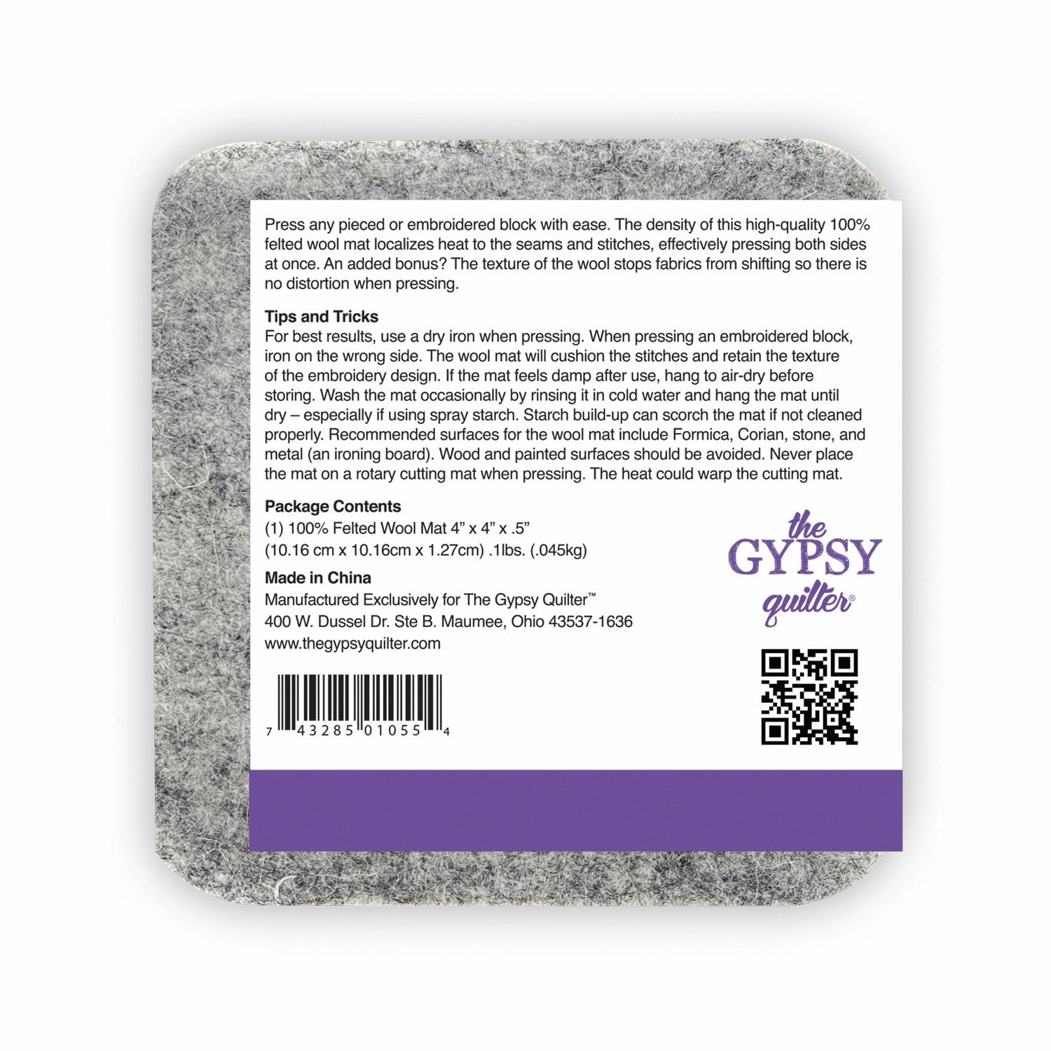 Wool Pressing Mat 4in Wide x 4in Long x 1/2in Thick # TGQWM4  SKU: 64716