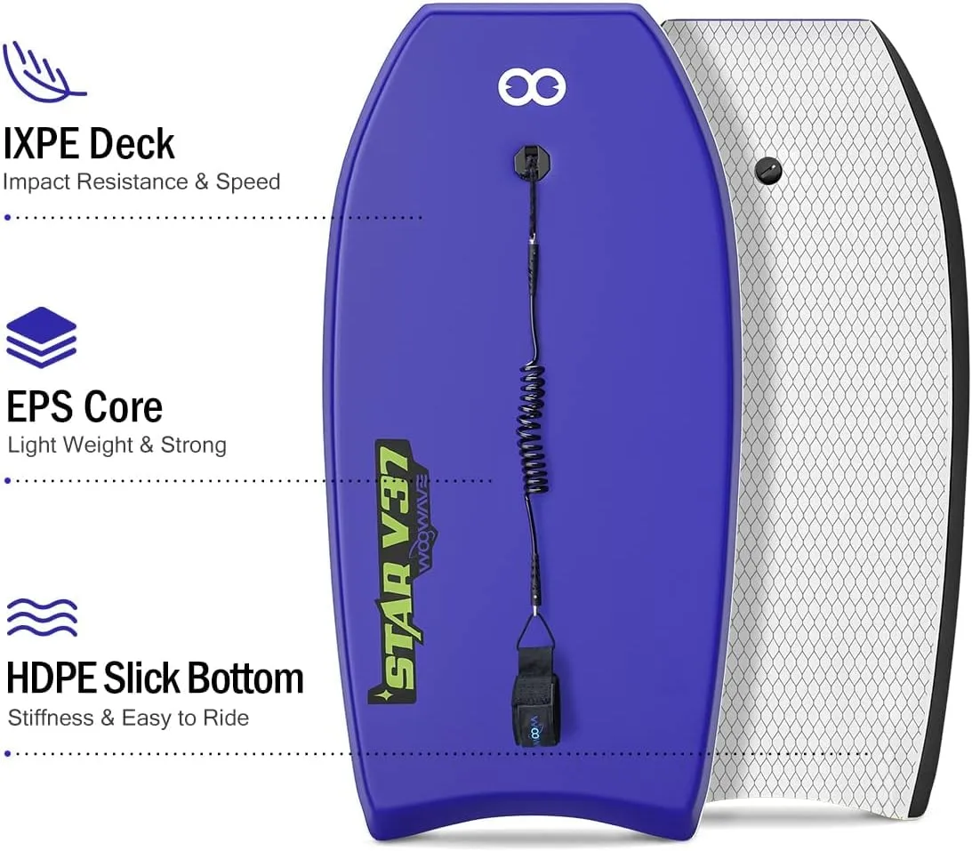 WOOWAVE Bodyboard 33-inch/37-inch/42-inch Premium IXPE Body Board with Coiled Wrist Leash, Super Lightweight EPS Core and HDPE Slick Bottom, Perfect Surfing for Kids Teens and Adults