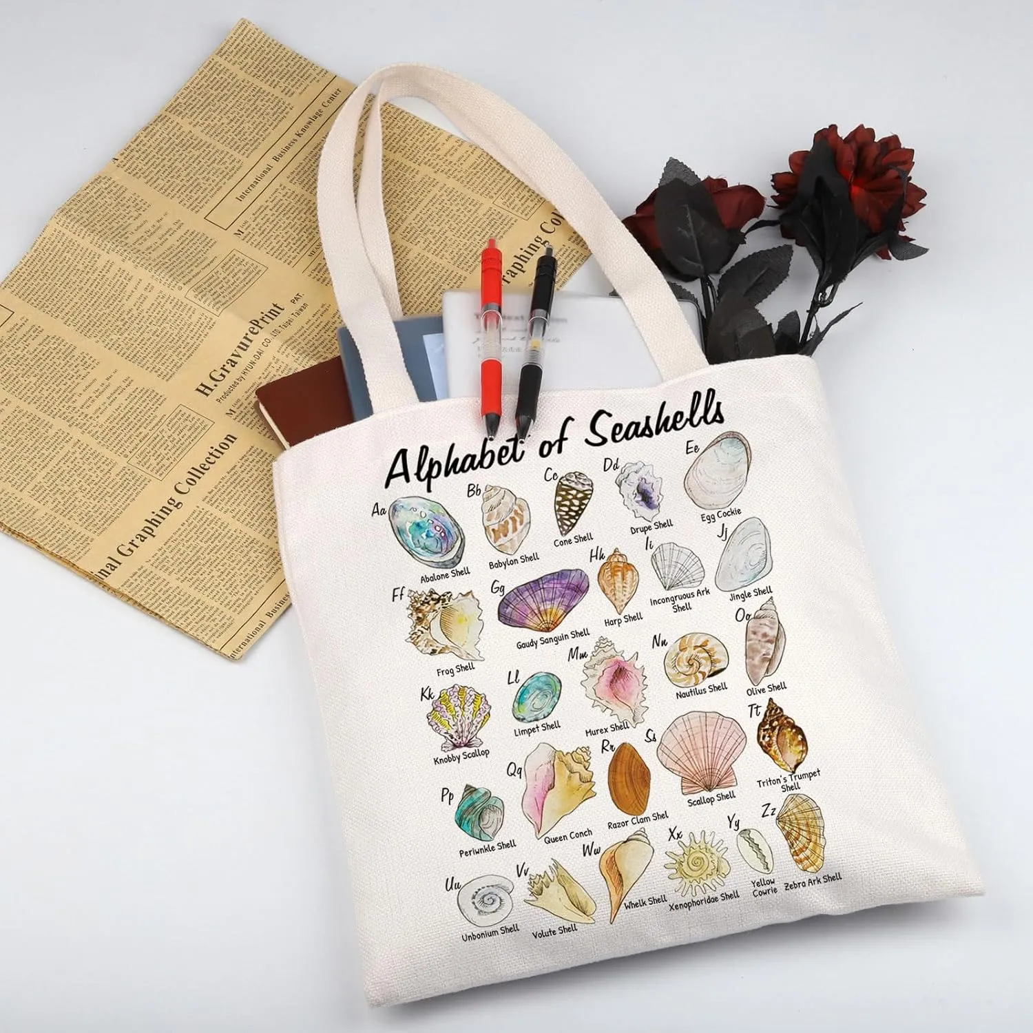 WSNANG Seashell Alphabet Canvas Tote Bag Seashell Collector Gift for Beach Lover Gift Beach Themed Bag