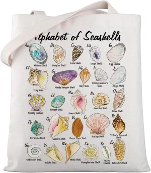 WSNANG Seashell Alphabet Canvas Tote Bag Seashell Collector Gift for Beach Lover Gift Beach Themed Bag