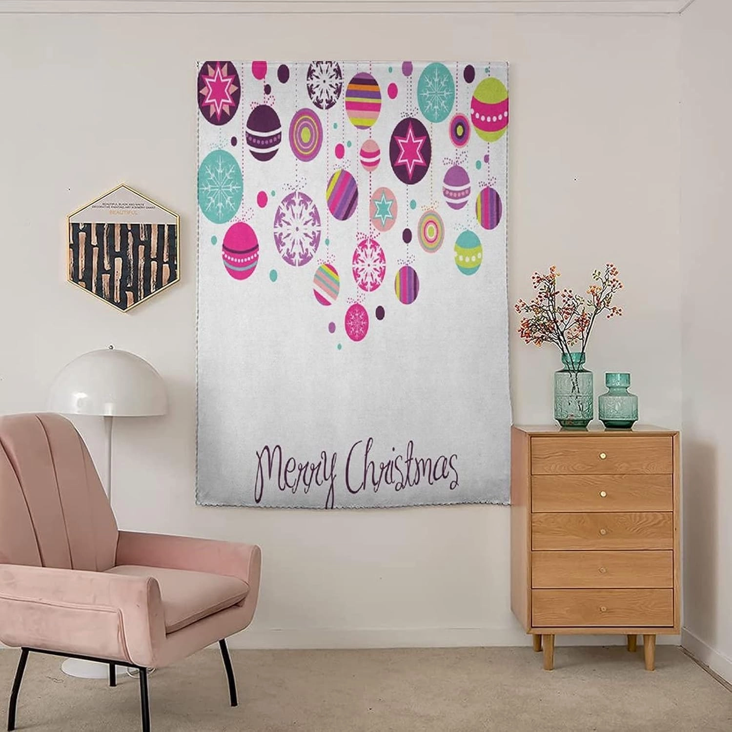 XISUNYA Self Adhesive Portable Blackout Curtains, Christmas Room Darkening Curtains, Colorful Graphic Baubles with Retro Snowflake Print Temporary Blackout Blinds,35W x63L Inch, for Kitchen Bathroom