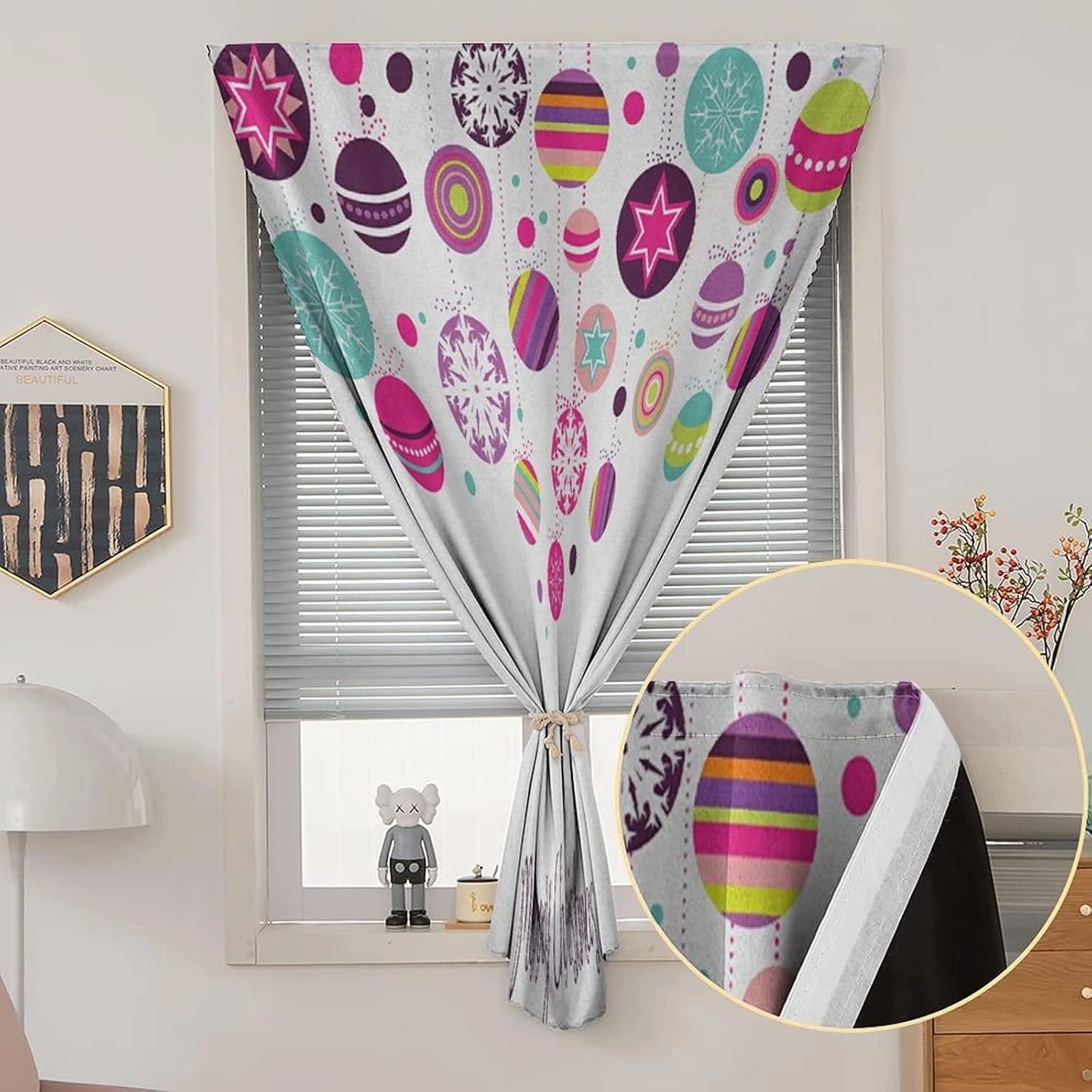 XISUNYA Self Adhesive Portable Blackout Curtains, Christmas Room Darkening Curtains, Colorful Graphic Baubles with Retro Snowflake Print Temporary Blackout Blinds,35W x63L Inch, for Kitchen Bathroom