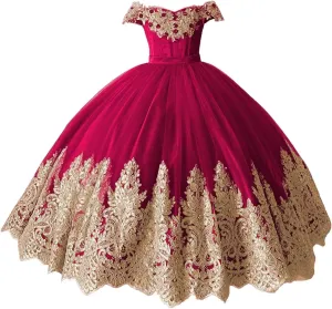 XYAYE Off Shoulder Flower Girl Dresses for Wedding Gold Lace Kids First Communion Dress Puffy Tulle Girls Ball Gown